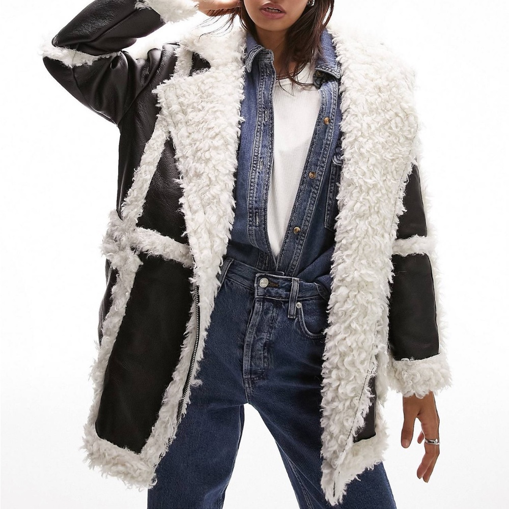 Topshop Faux Shearling Mid Length Jacket